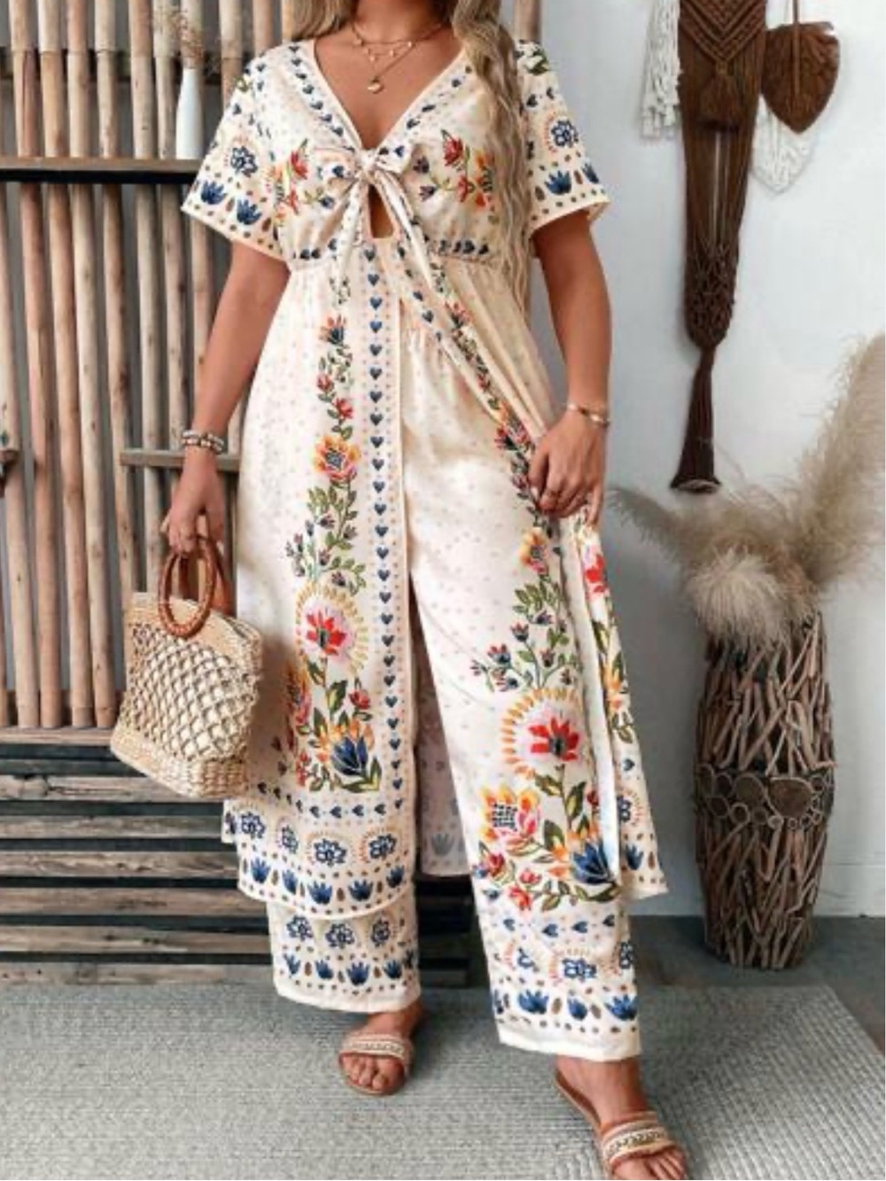 SHEIN Cream Floral Wide Leg Long Duster and Pant Set